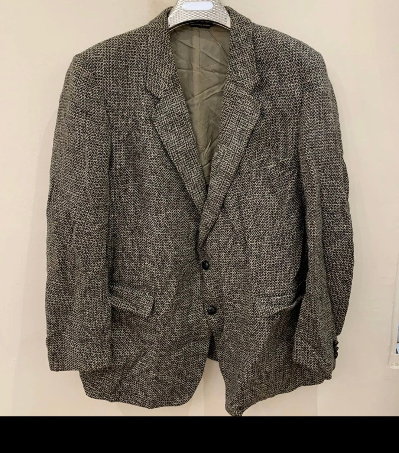 Vintage pure wool tweed grayish classic hunting jacket blazer 48R 48L XL