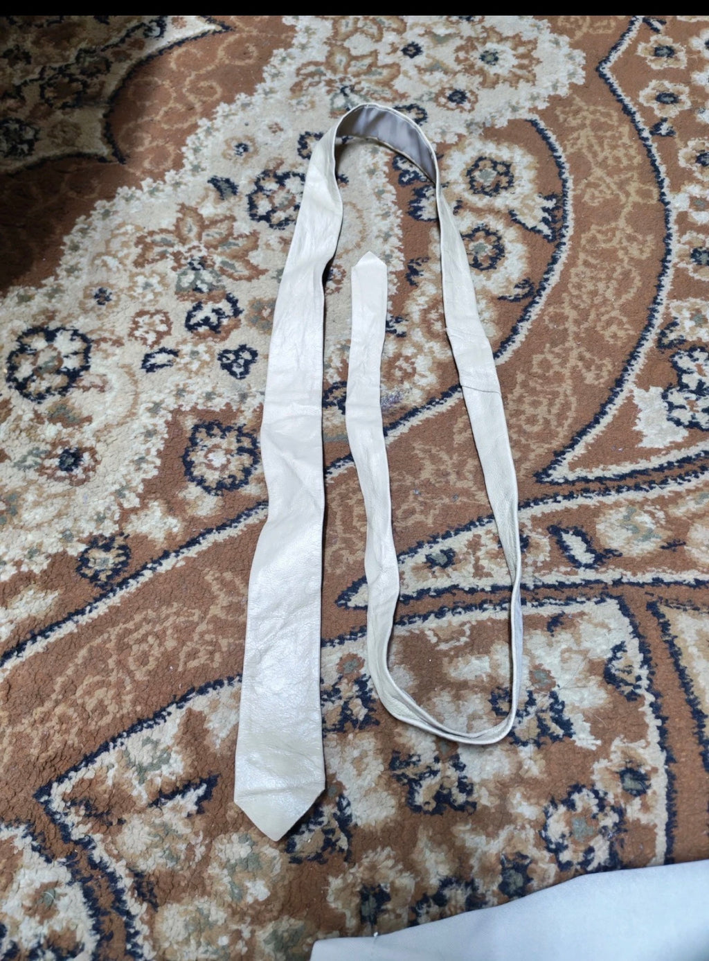 mens vintage handmade classic Genuine leather luxury beige skinny neck tie