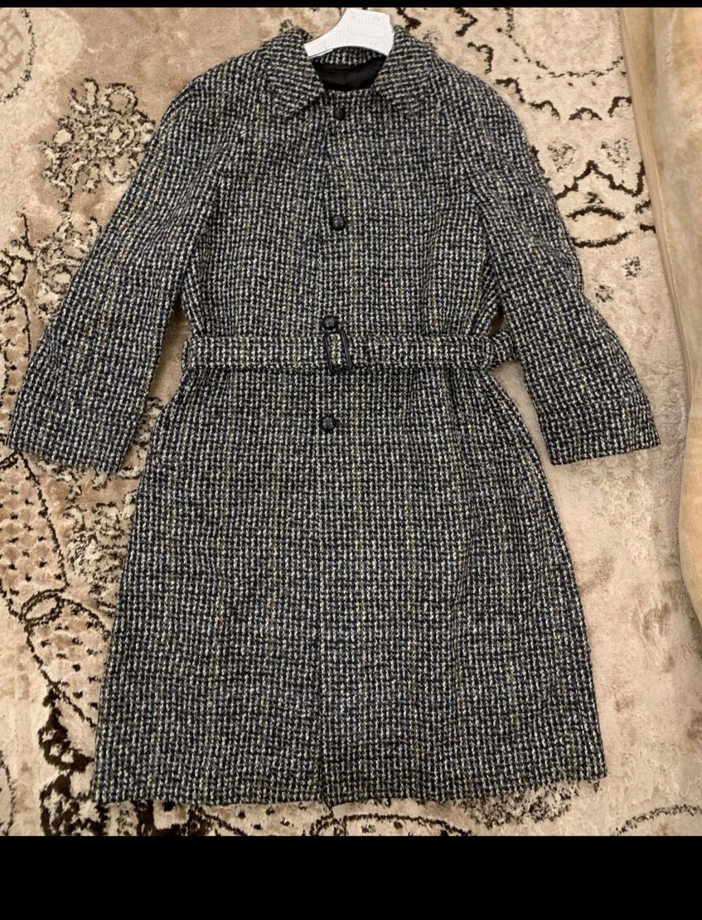 Vintage pure wool handwoven tweed belted camouflage raglan over coat 46R XL