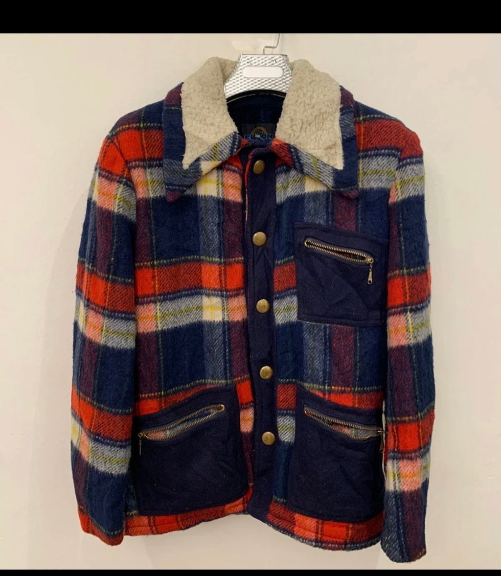 1970s Vintage woollen wool classic plaid red navy beige sweater jacket 42R M