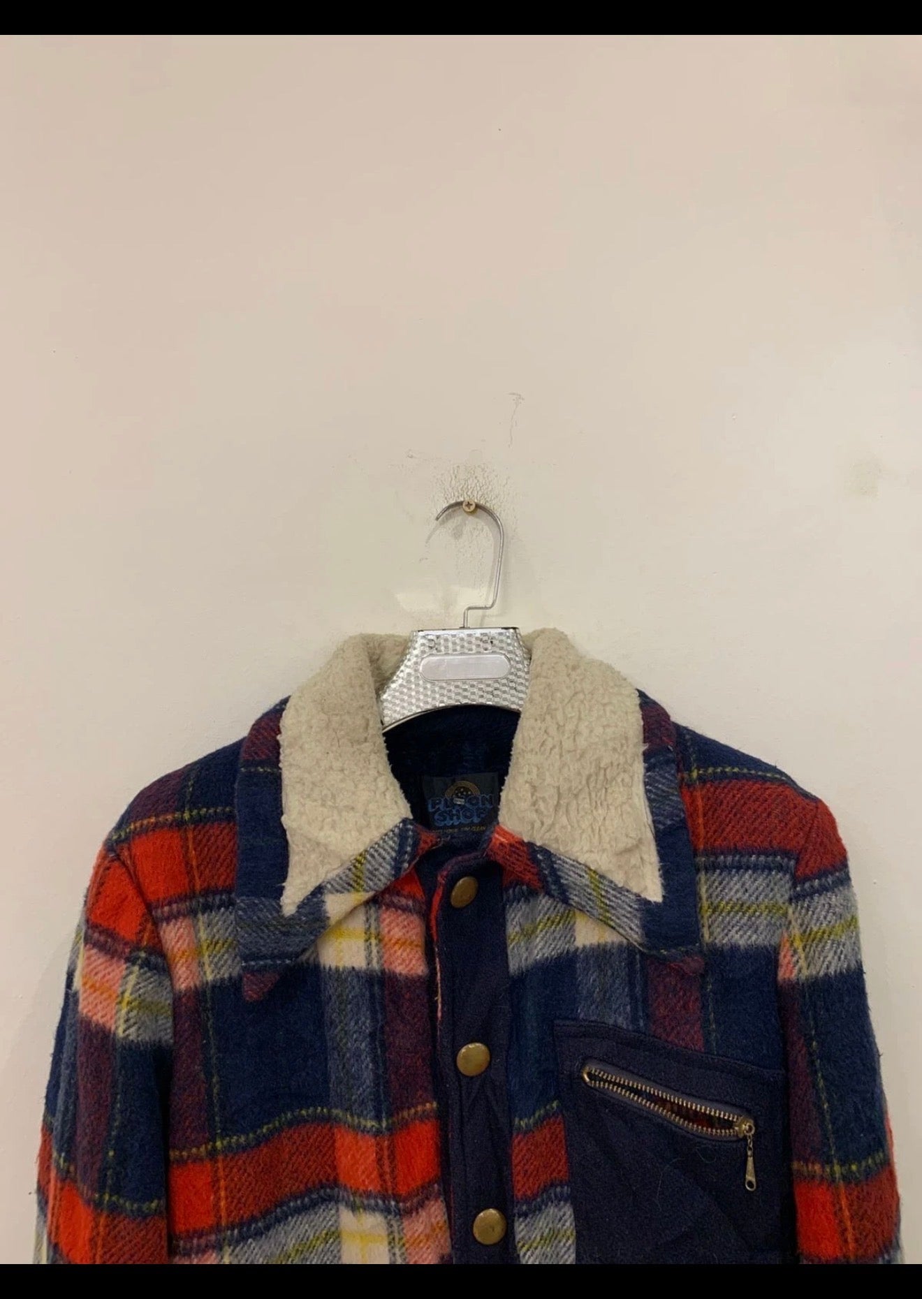 1970s Vintage woollen wool classic plaid red navy beige sweater jacket 42R M