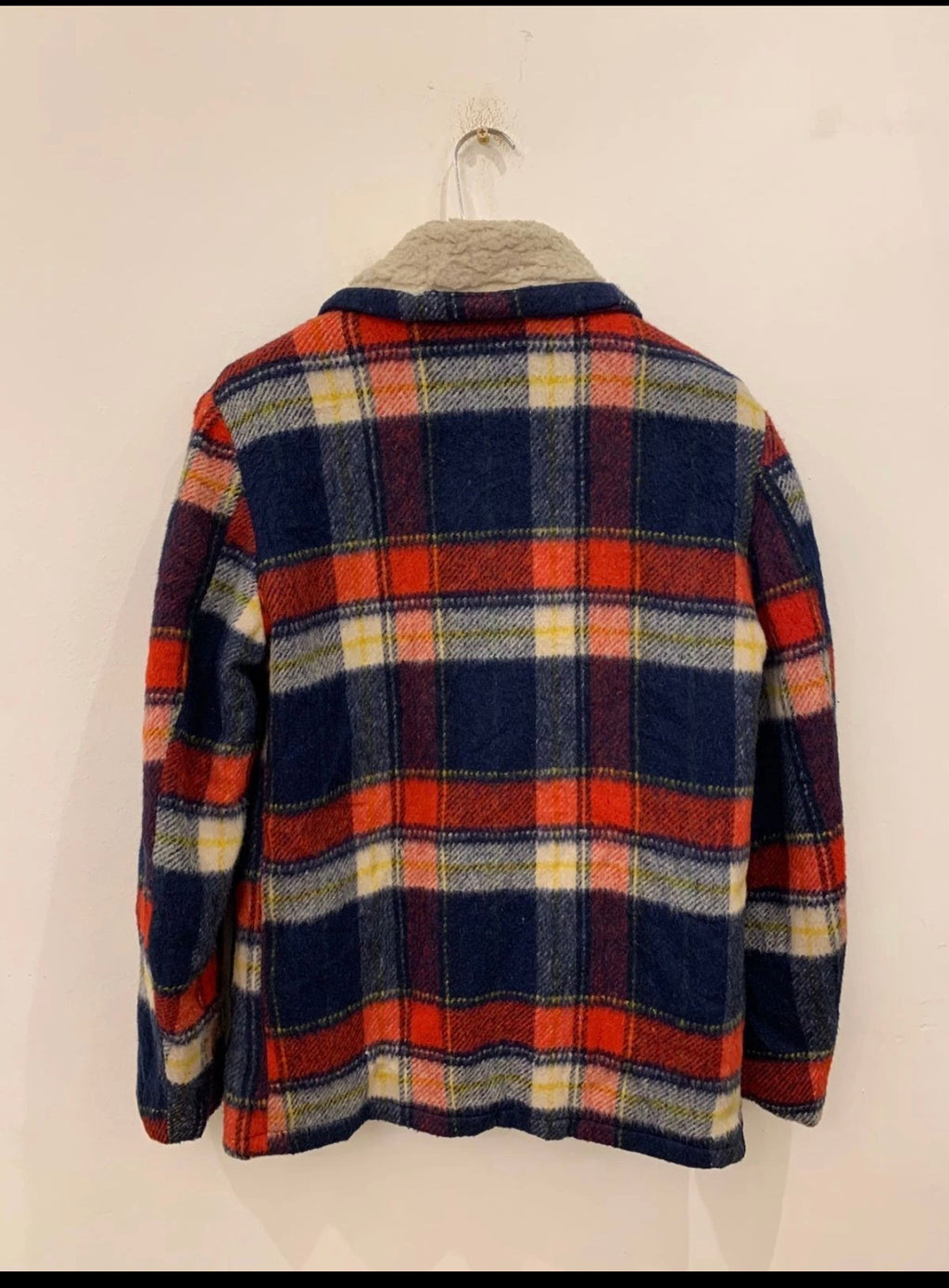 1970s Vintage woollen wool classic plaid red navy beige sweater jacket 42R M