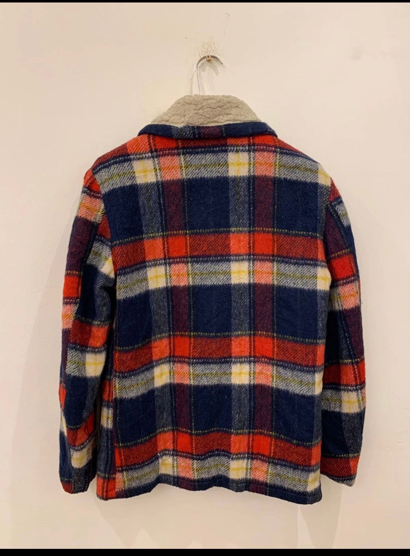 1970s Vintage woollen wool classic plaid red navy beige sweater jacket 42R M