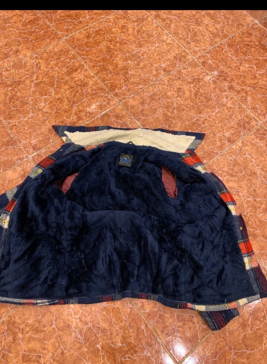 1970s Vintage woollen wool classic plaid red navy beige sweater jacket 42R M