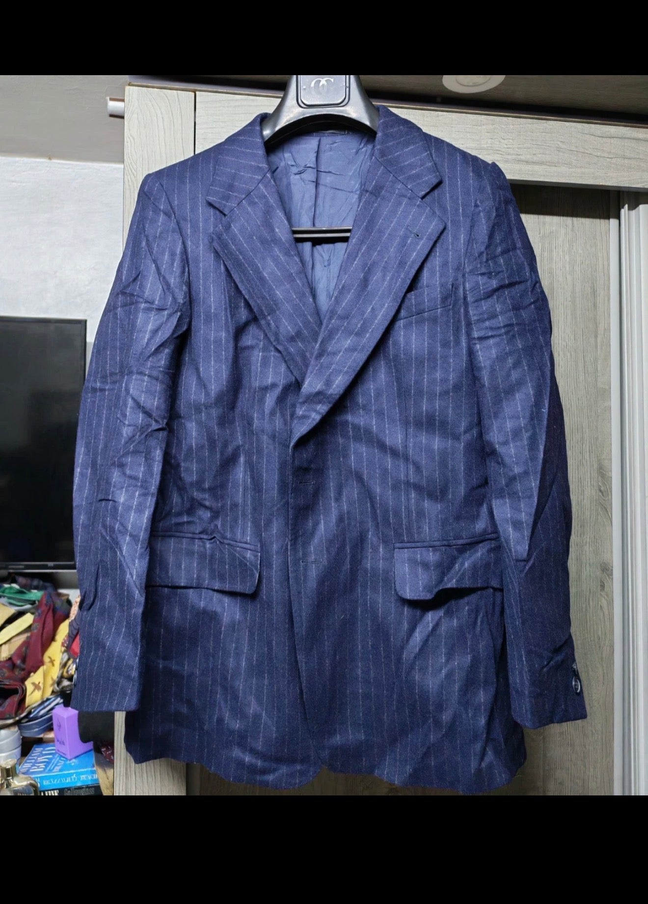1970s Vintage pure woollen wool classic navy chalk stripes 2 button suit 38R 38S