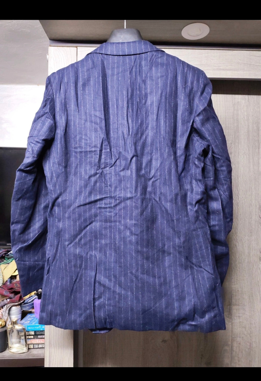 1970s Vintage pure woollen wool classic navy chalk stripes 2 button suit 38R 38S
