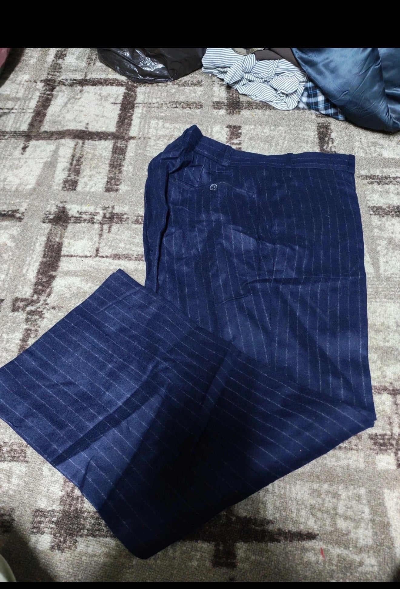 1970s Vintage pure woollen wool classic navy chalk stripes 2 button suit 38R 38S
