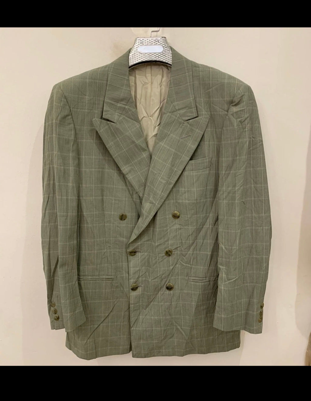 Vintage Superfine wool glen check double breasted greenish jacket blazer 42R