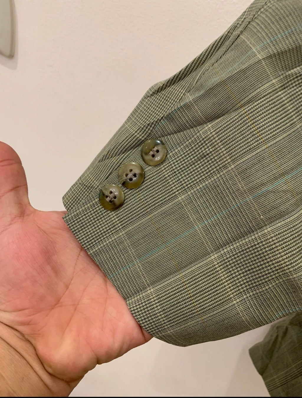 Vintage Superfine wool glen check double breasted greenish jacket blazer 42R