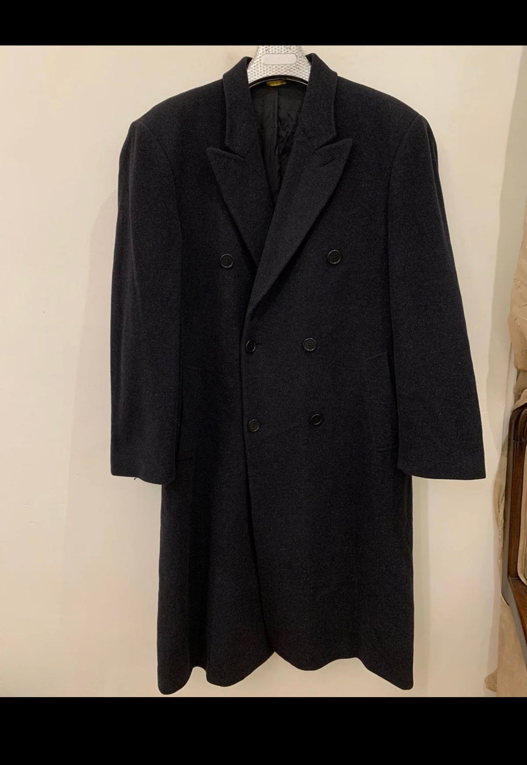 Vintage wool cashmere blend double breasted Charcoal long over coat 46R 46L XL