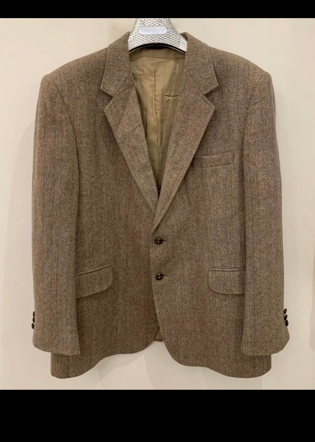 Vintage pure wool handwoven Tweed herringbone brown hunting jacket blazer 44R