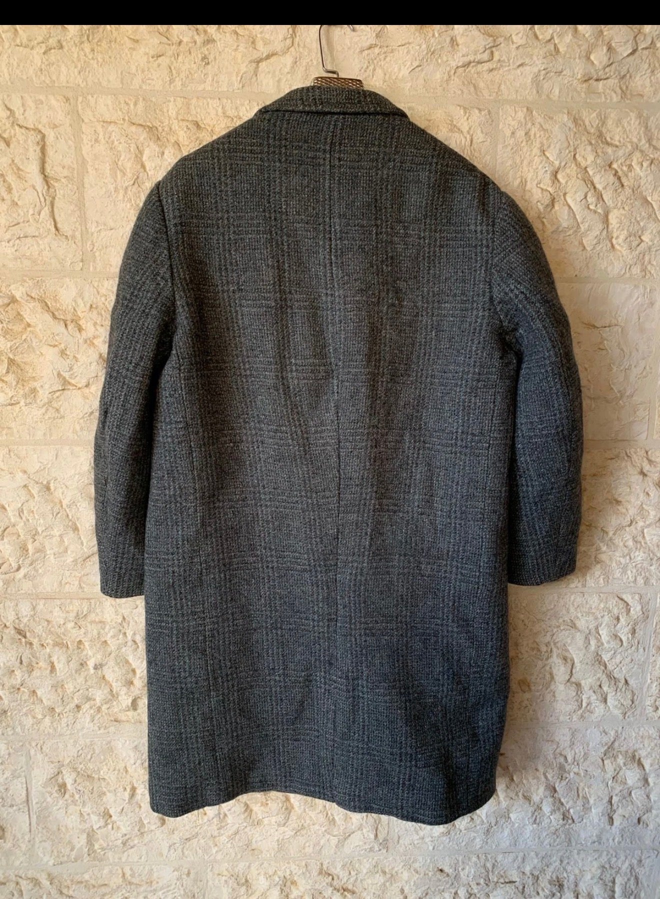 1970s Vintage pure wool glen check classic blue gray over coat 48R XL