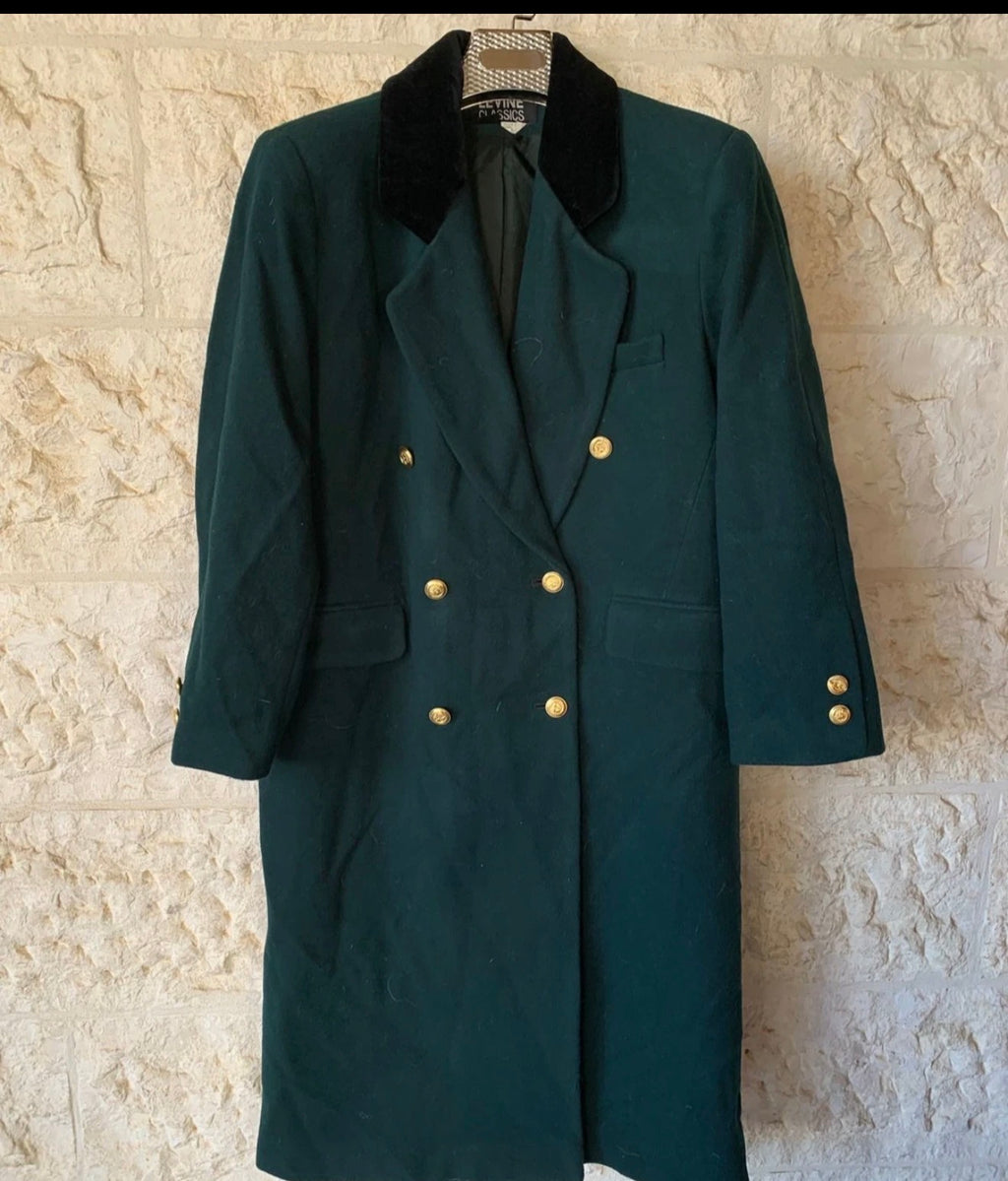 Vintage pure wool velvet collar double breasted green over coat 42 12 L