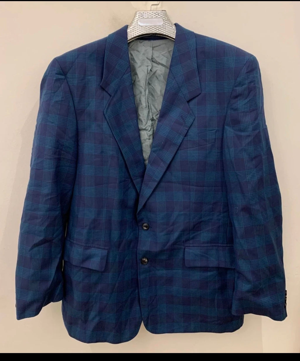 Vintage pure wool classic turquoise blue plaid jacket blazer 44R