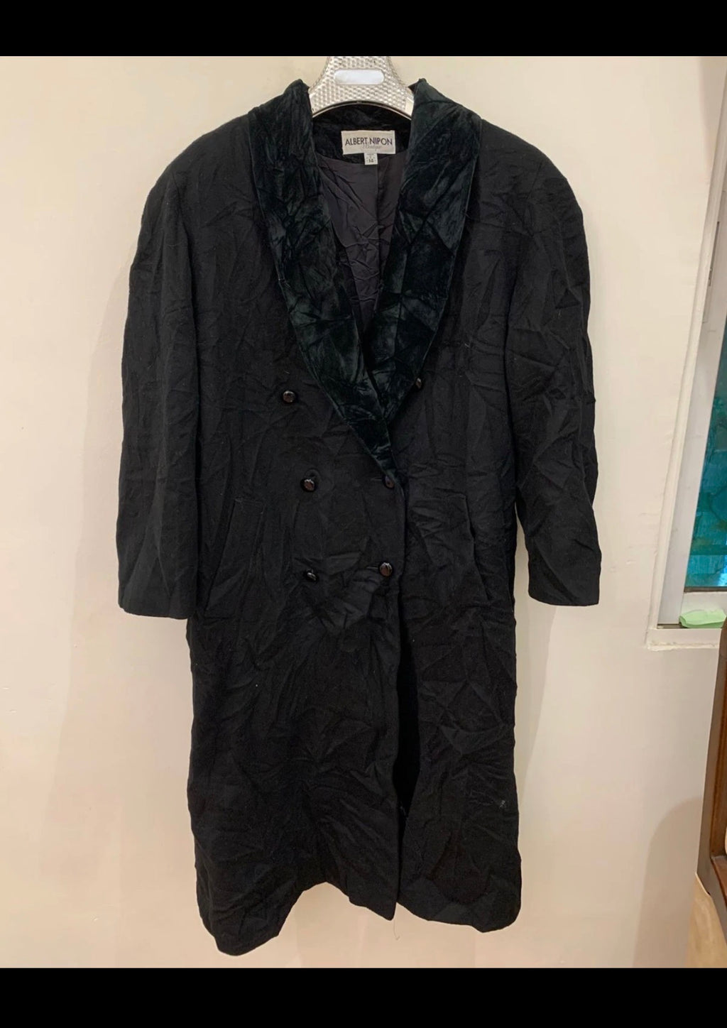 Vintage pure wool velvet collar double breasted shawl collar over coat 14 L 44