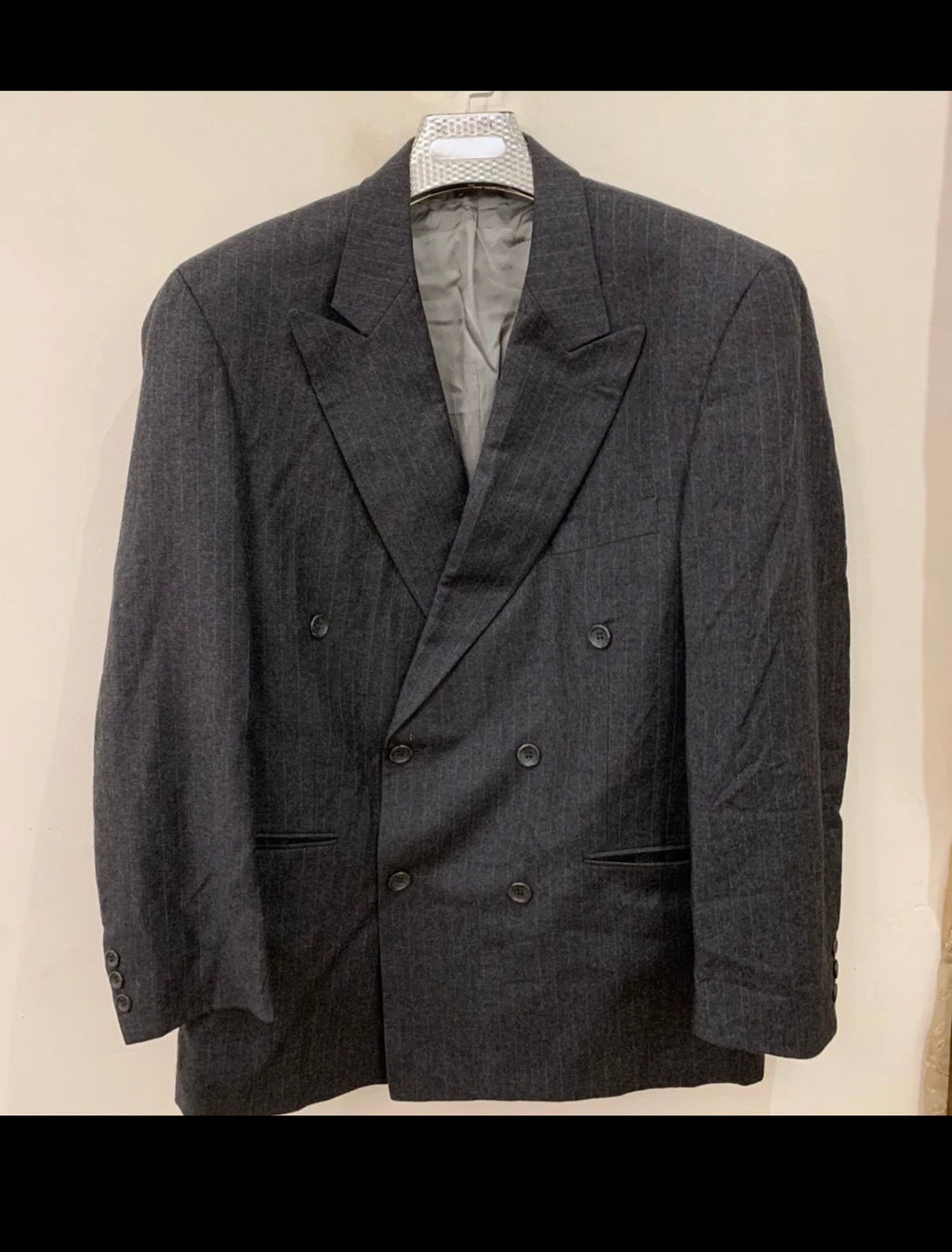 Vintage pure wool double breasted charcoal chalk stripes jacket blazer 42R