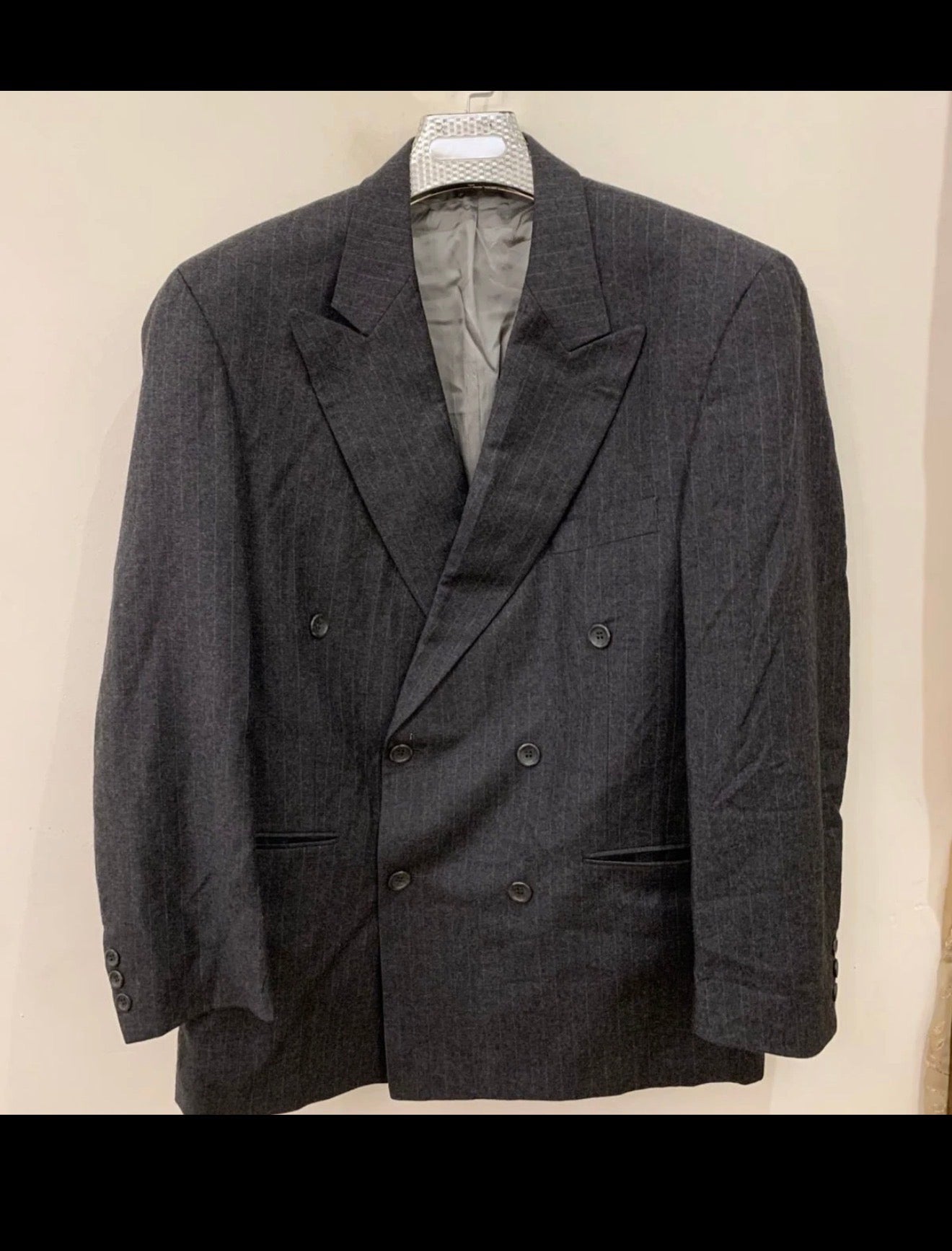 Vintage pure wool double breasted charcoal chalk stripes jacket blazer 42R