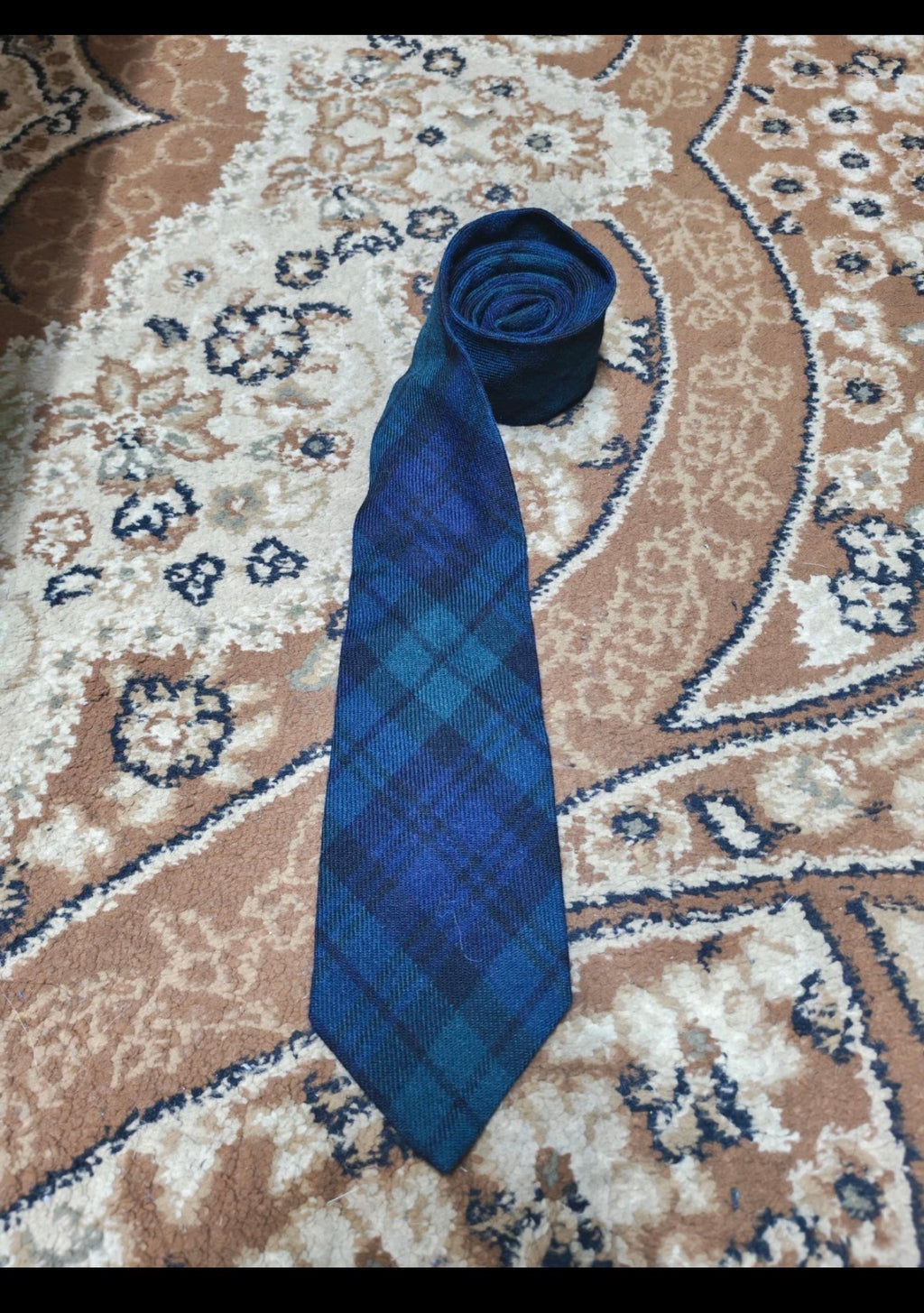 Vintage 100% pure wool Tweed Retro tartan plaid navy black olive green neck tie