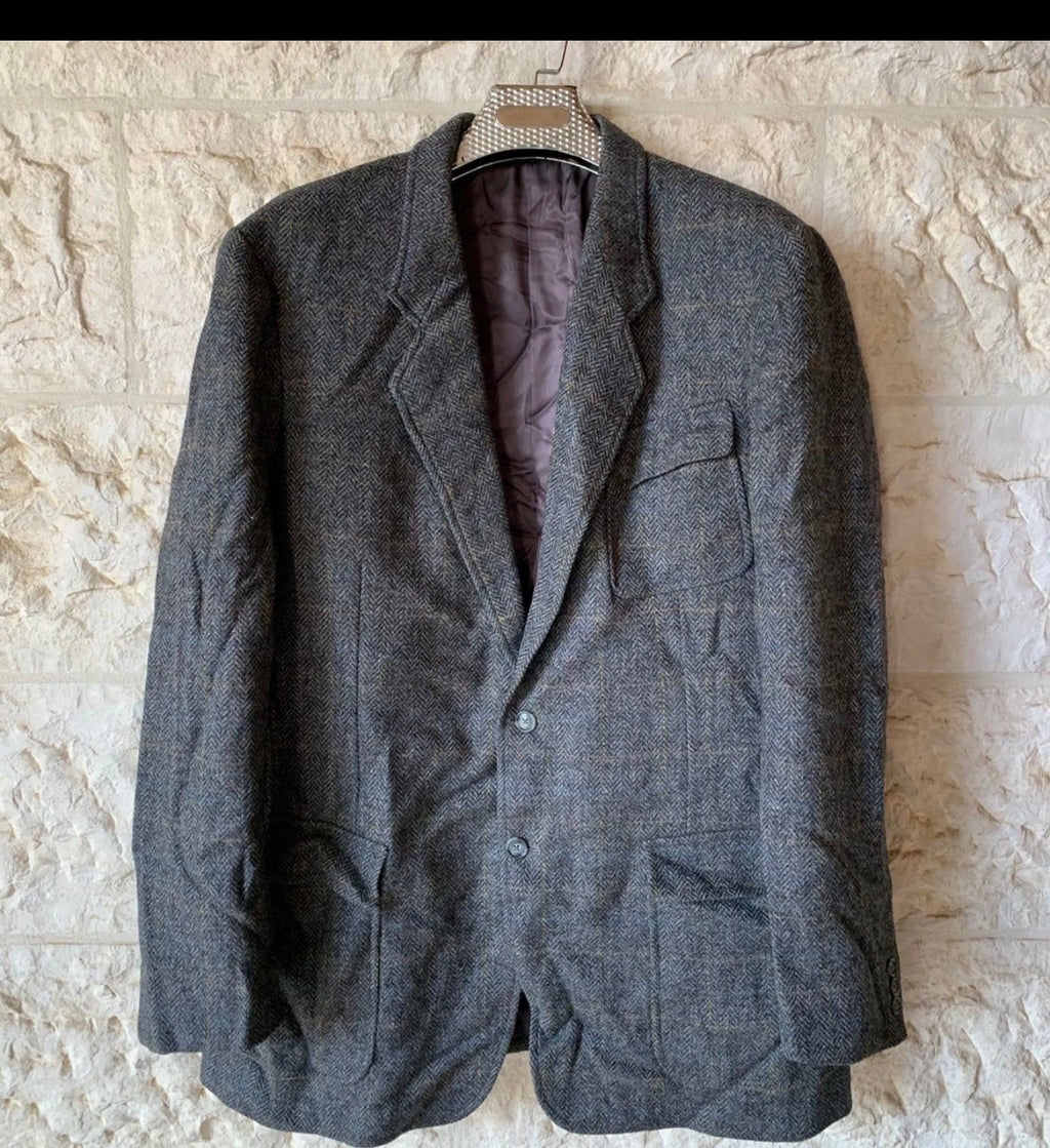 Vintage pure wool handwoven tweed Windowpane charcoal hunting jacket blazer 46L