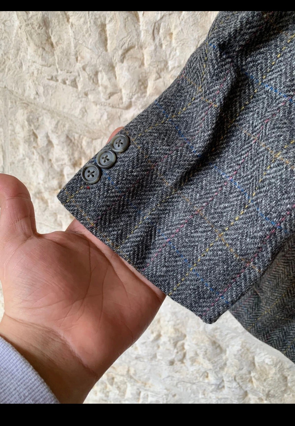Vintage pure wool handwoven tweed Windowpane charcoal hunting jacket blazer 46L