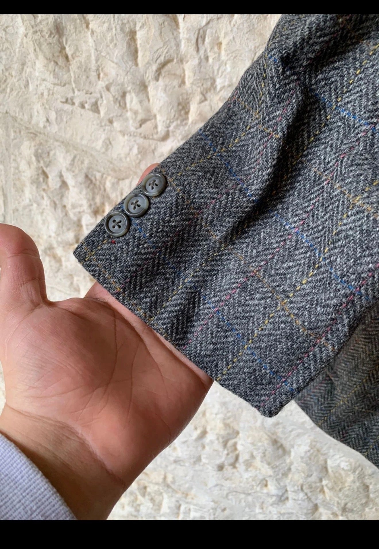 Vintage pure wool handwoven tweed Windowpane charcoal hunting jacket blazer 46L