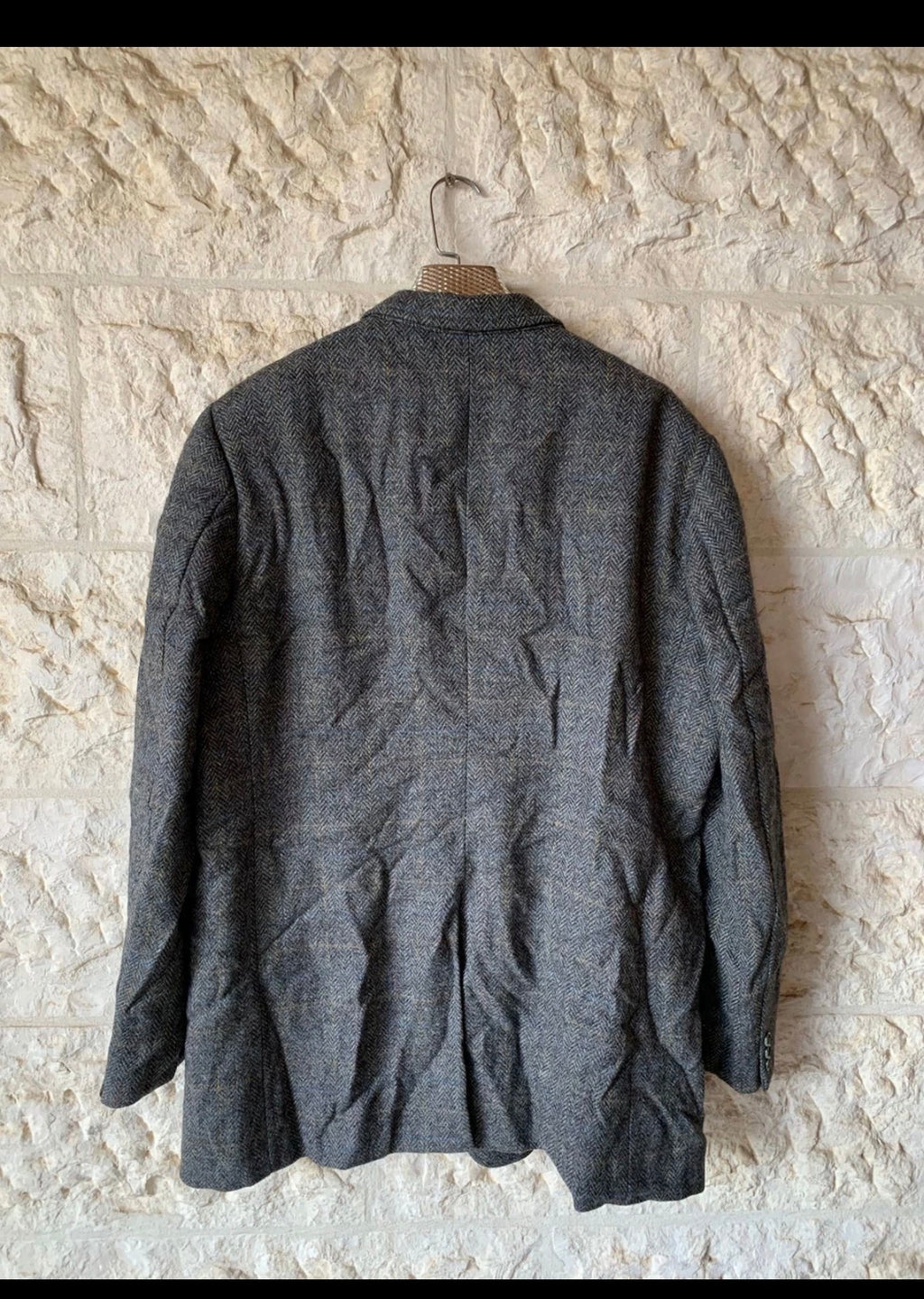 Vintage pure wool handwoven tweed Windowpane charcoal hunting jacket blazer 46L