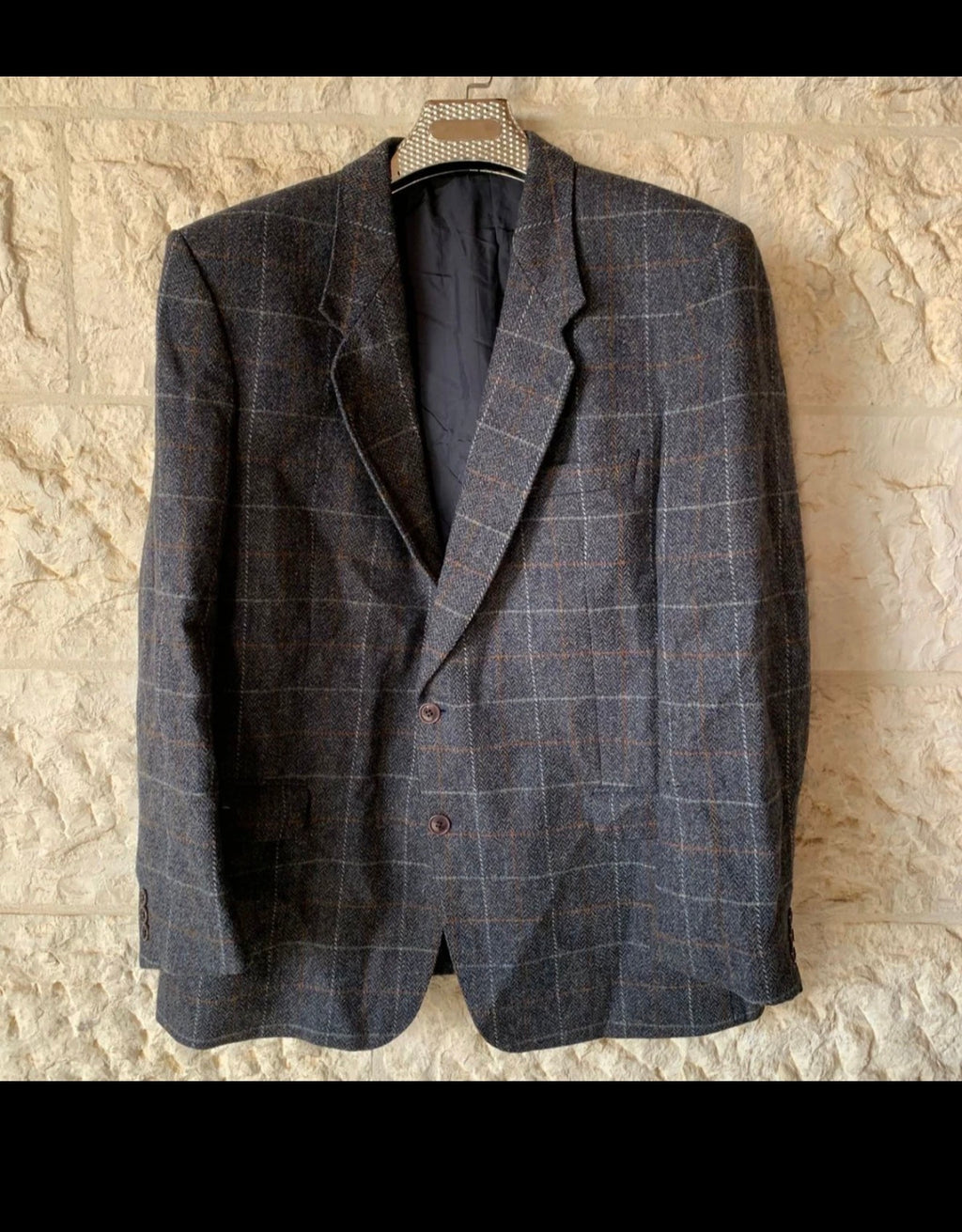 Vintage pure wool handwoven tweed Windowpane charcoal hunting jacket blazer 46R