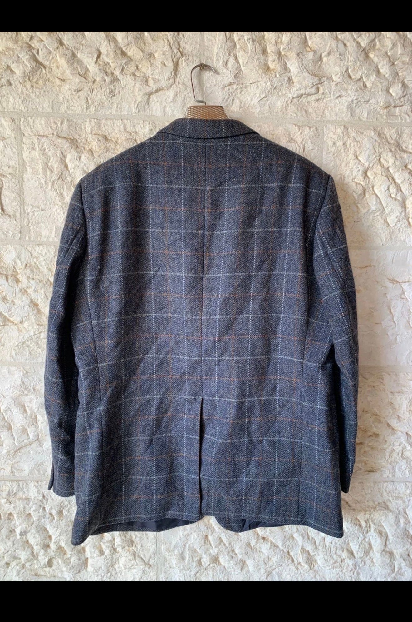 Vintage pure wool handwoven tweed Windowpane charcoal hunting jacket blazer 46R