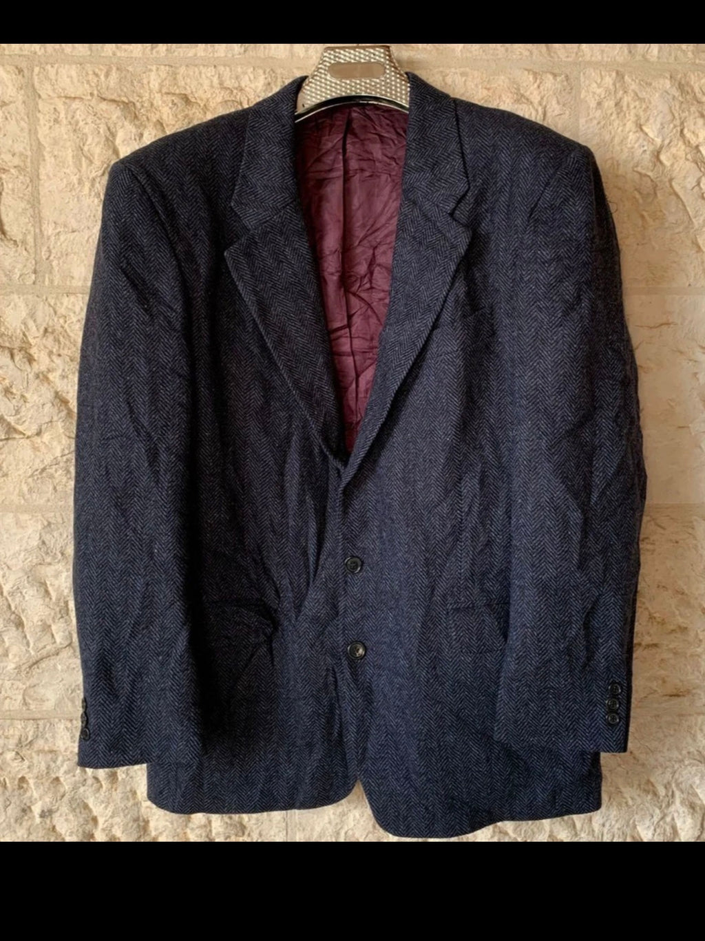 Vintage herringbone pure wool handwoven tweed blue hunting jacket blazer 44R