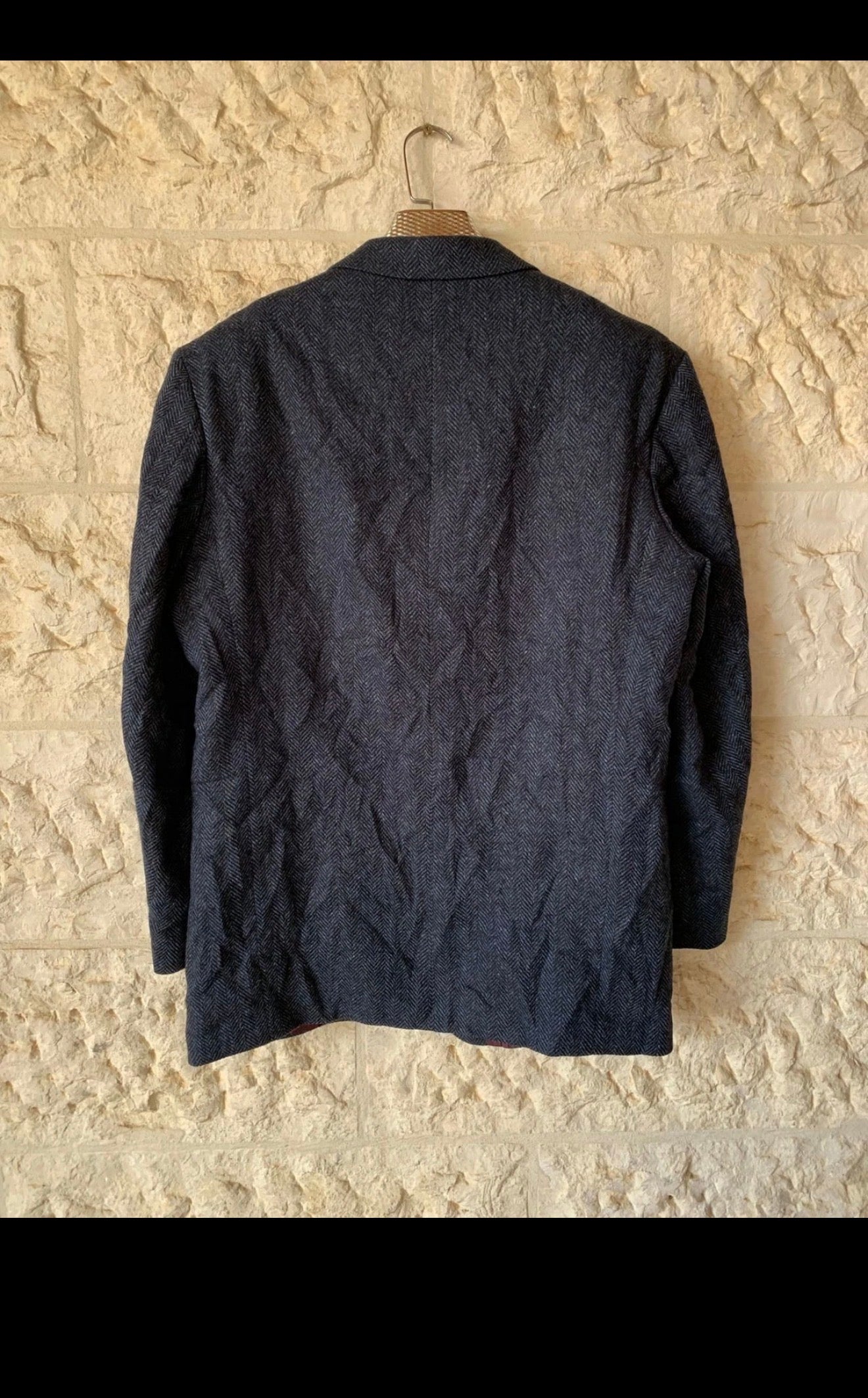 Vintage herringbone pure wool handwoven tweed blue hunting jacket blazer 44R