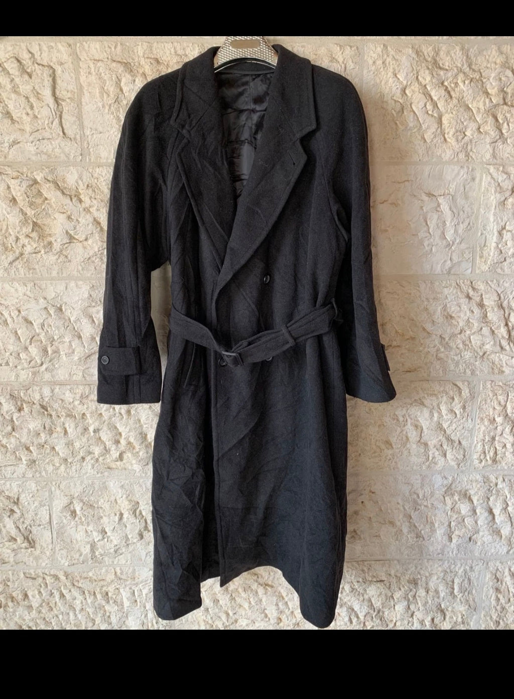 Vintage wool cashmere blend charcoal double breasted belted over coat 48R XL