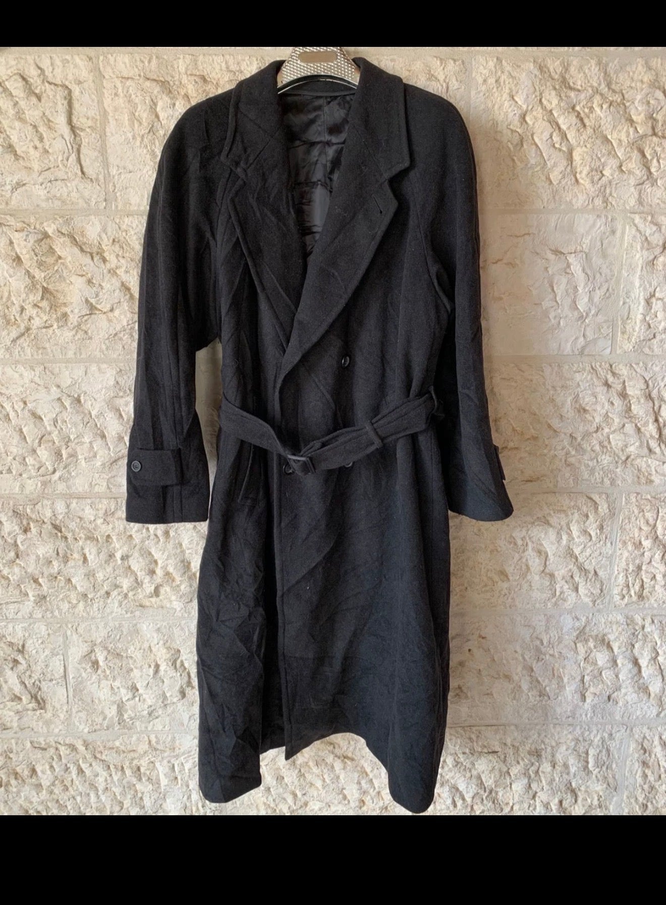 Vintage wool cashmere blend charcoal double breasted belted over coat 48R XL