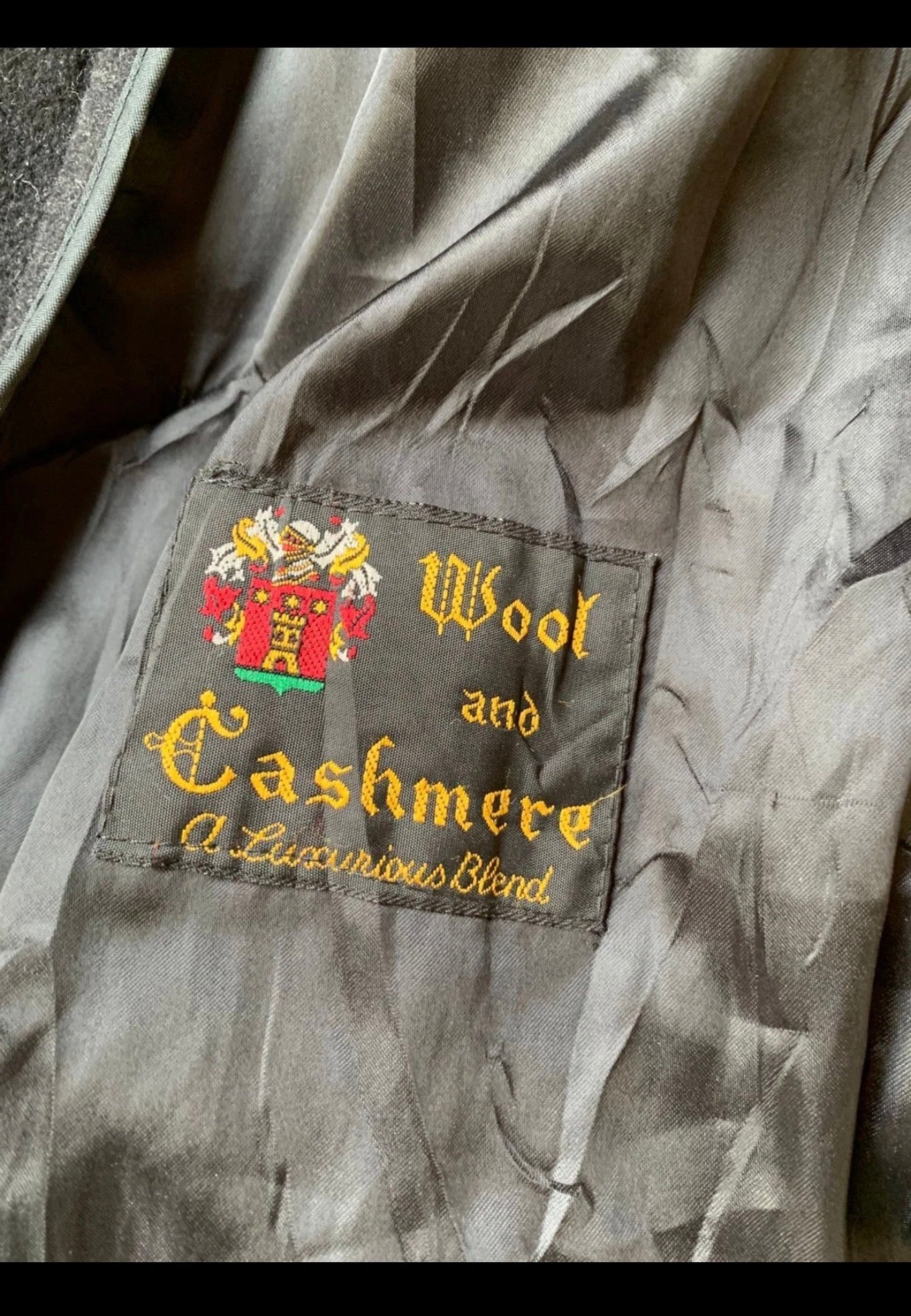 Vintage wool cashmere blend charcoal double breasted belted over coat 48R XL