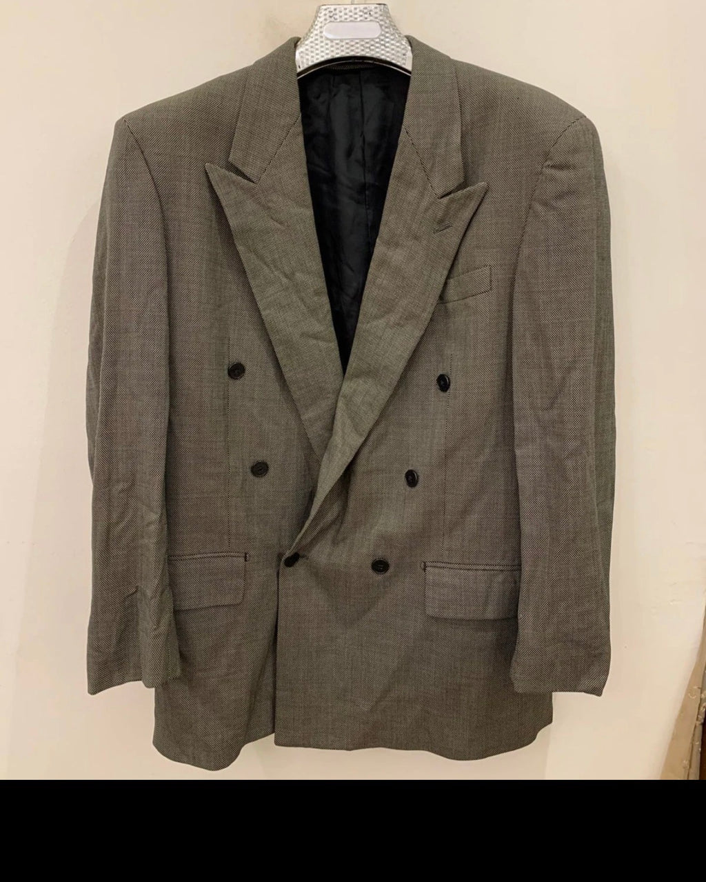 Vintage classic pure wool double breasted birdseye gray suit jacket blazer 42R