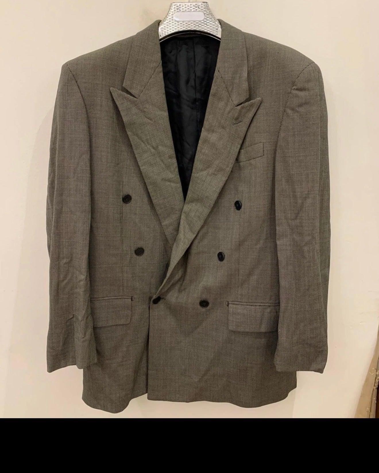 Vintage classic pure wool double breasted birdseye gray suit jacket blazer 42R