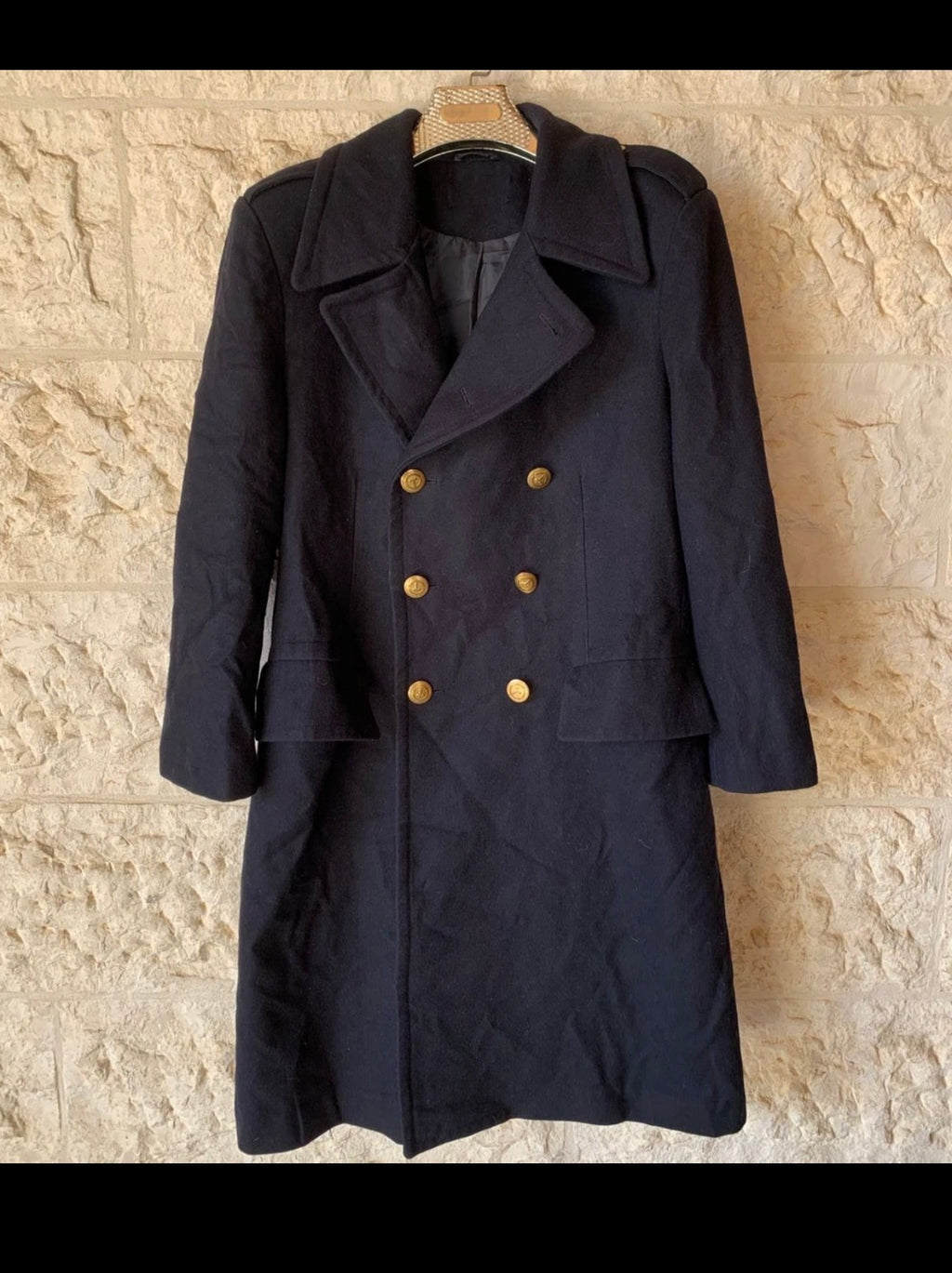 Vintage wool blend gold button military style navy db belted over coat 38R