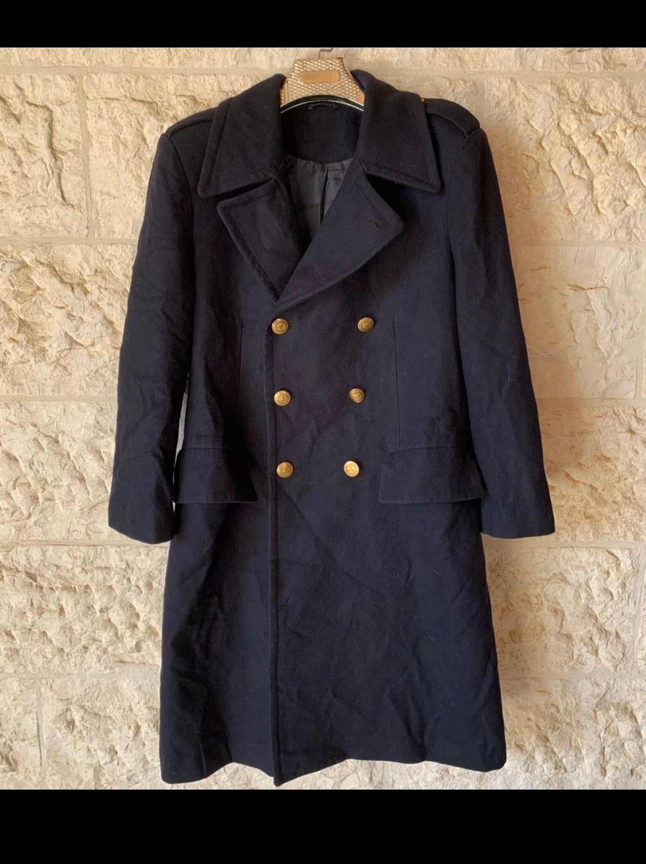 Vintage wool blend gold button military style navy db belted over coat 38R