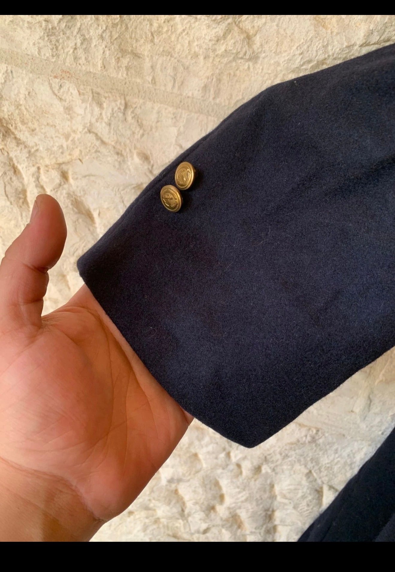 Vintage wool blend gold button military style navy db belted over coat 38R
