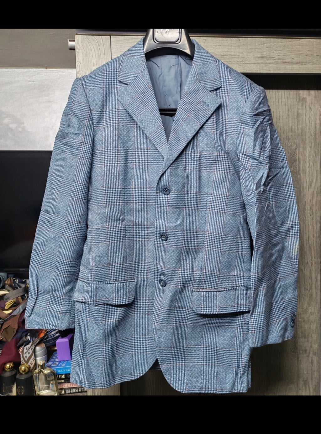 1970s Vintage pure wool tweed classic blue glen check 3 button suit 36R 36S