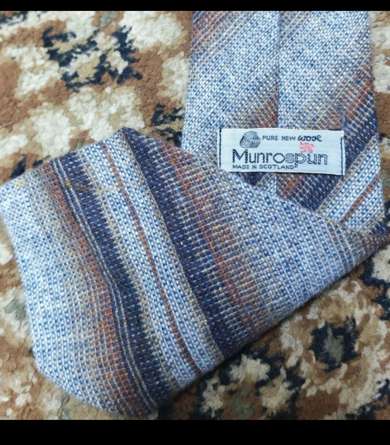 Vintage classic 100% pure wool Tweed Retro striped gray brown neck tie