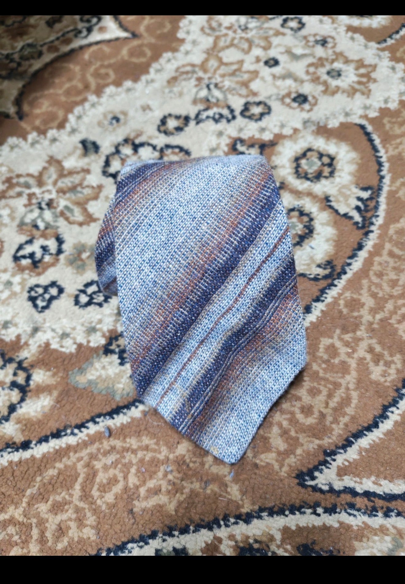 Vintage classic 100% pure wool Tweed Retro striped gray brown neck tie