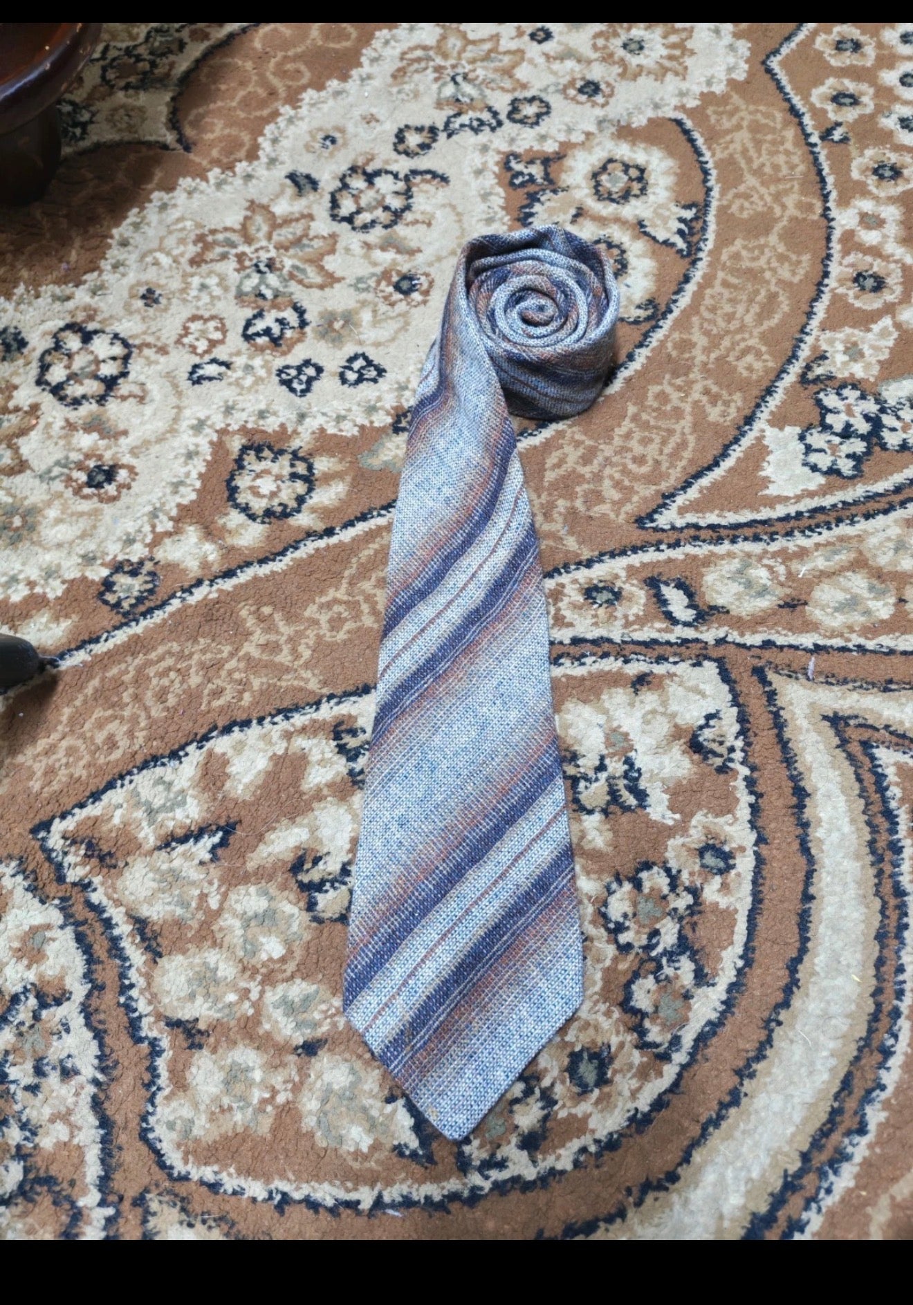 Vintage classic 100% pure wool Tweed Retro striped gray brown neck tie