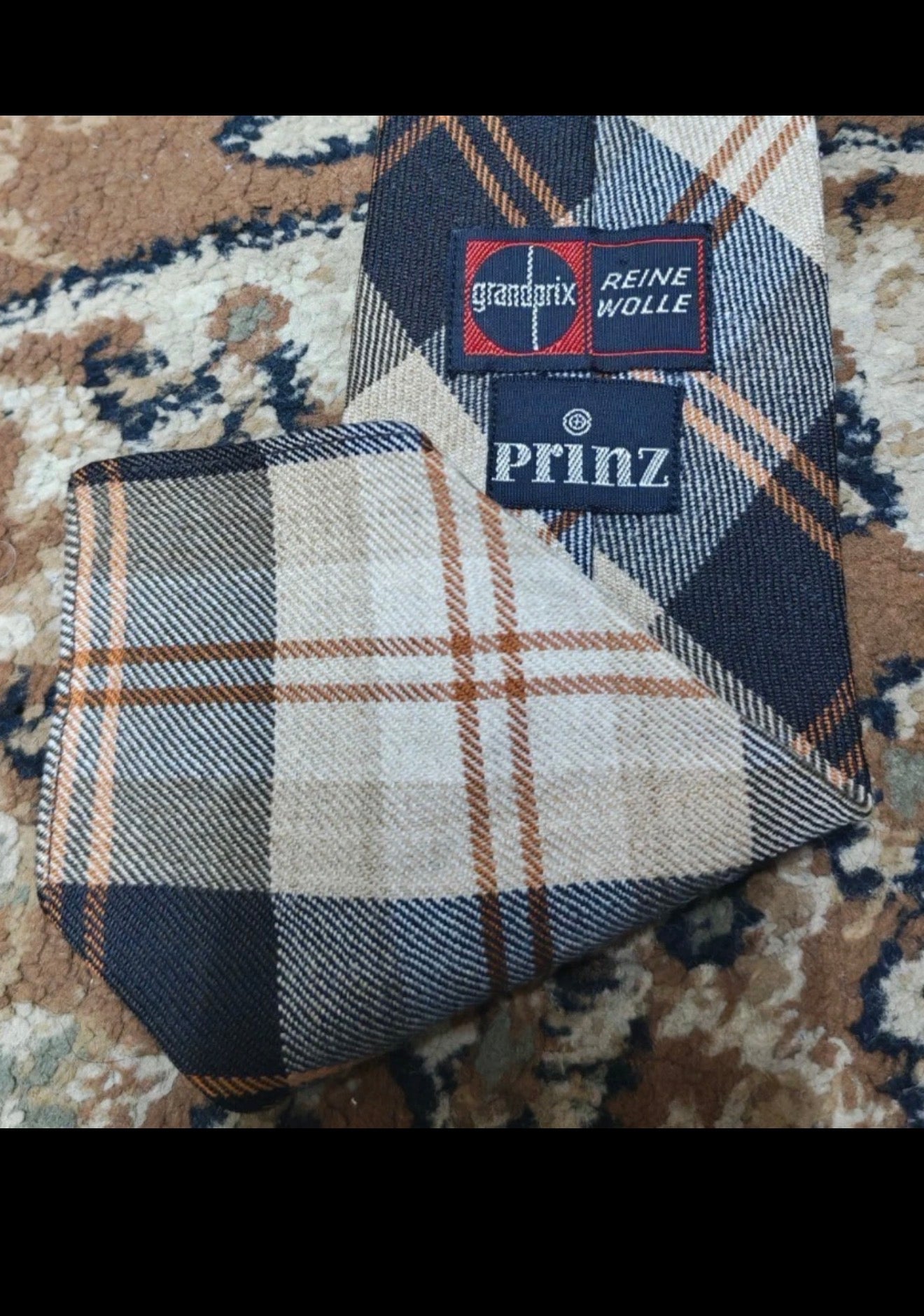 Vintage Grandprix classic 100% pure wool Retro tartan plaid brown neck tie