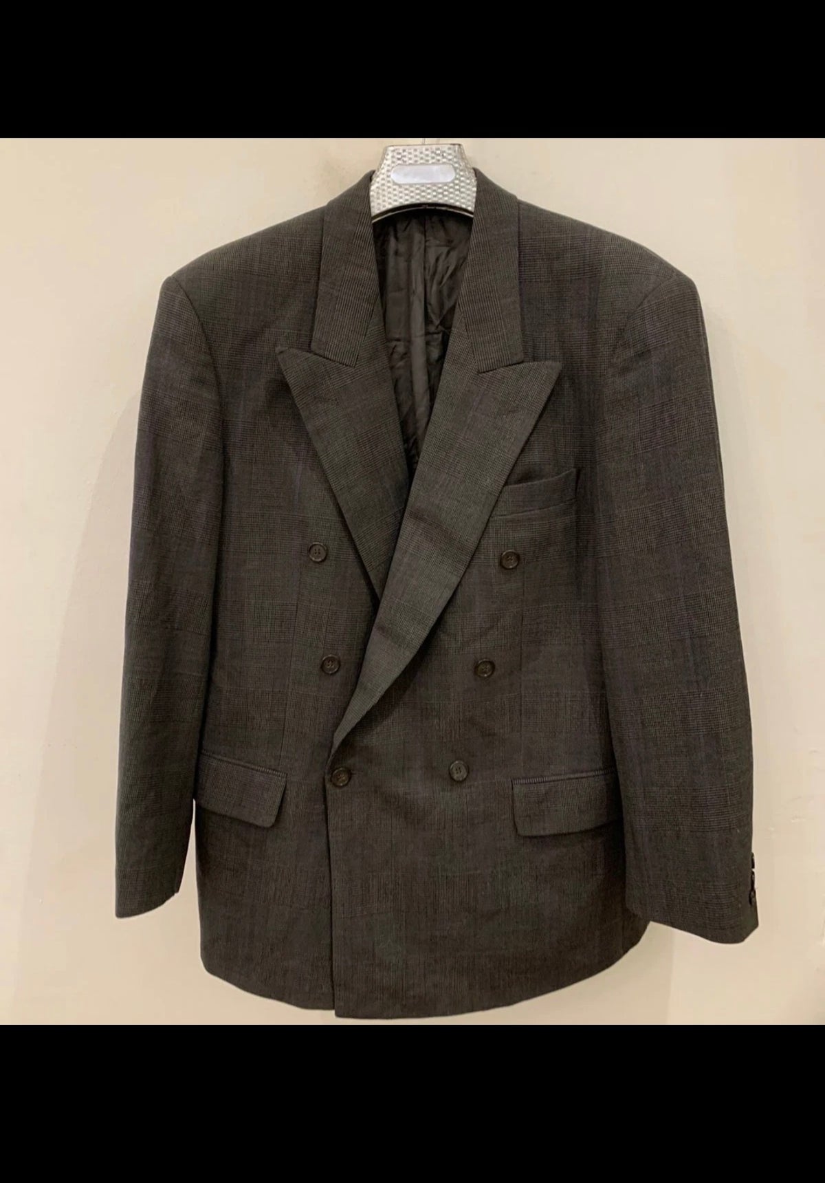 Vintage pure wool double breasted glen check brownish classic suit 42R