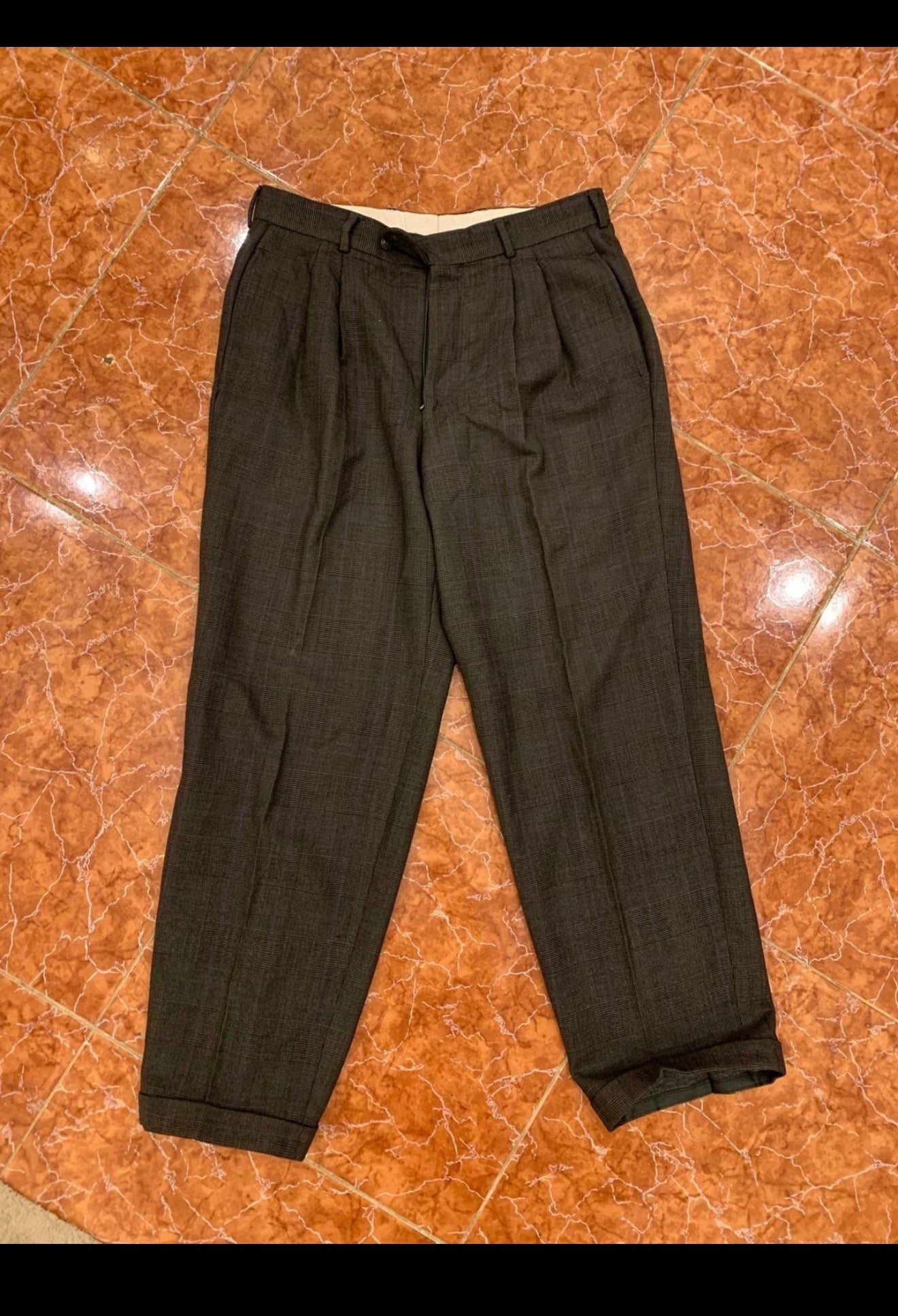 Vintage pure wool double breasted glen check brownish classic suit 42R