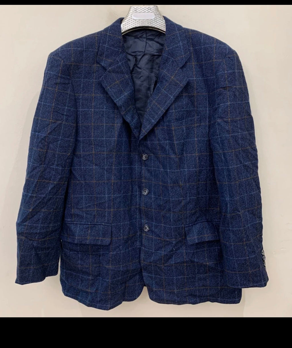Vintage pure wool tweed Windowpane blue classic hunting jacket blazer 42R 44R