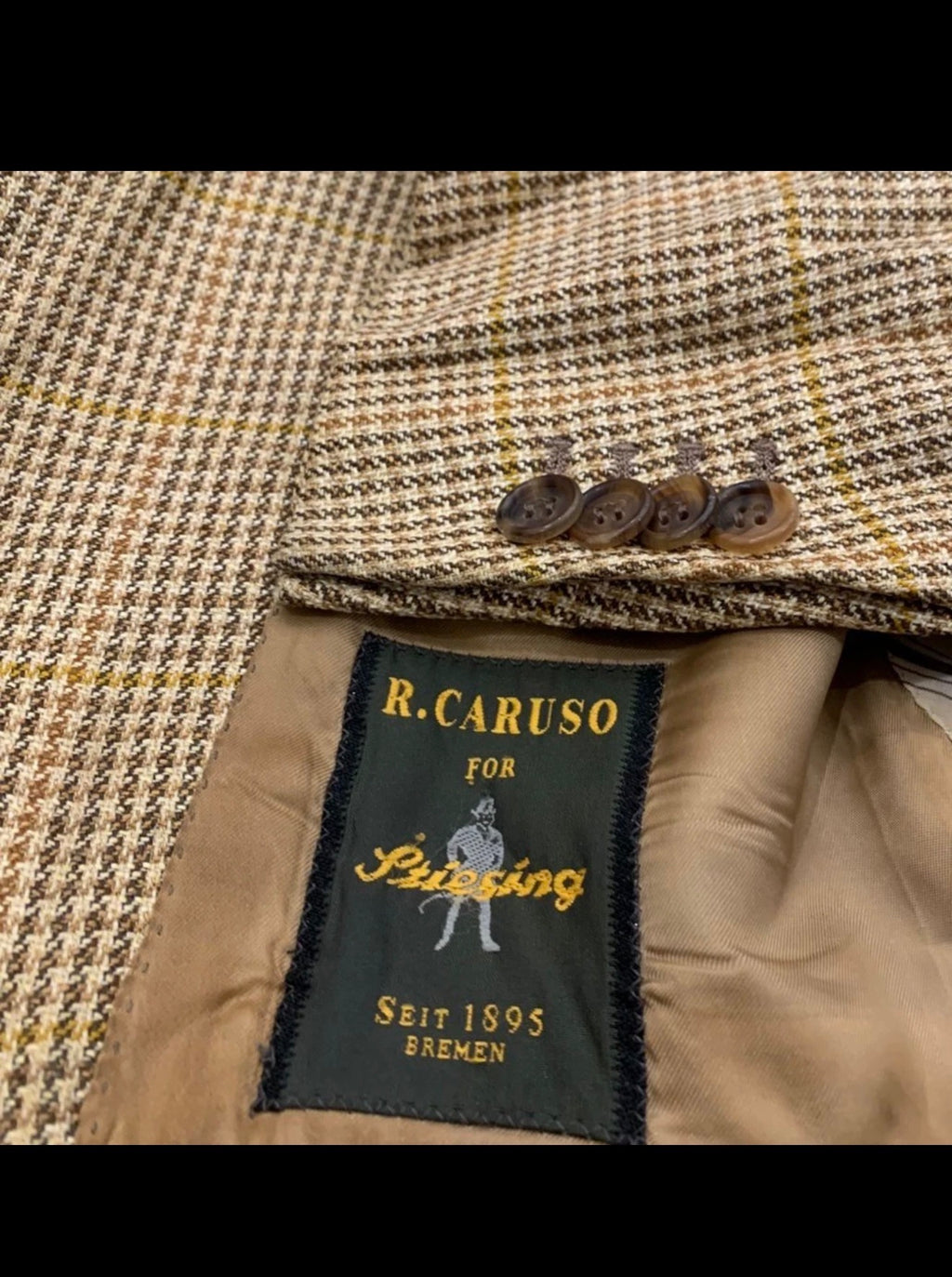 Vintage R. Caruso Wool Silk Flax houndstooth brown jacket blazer 44R 44L