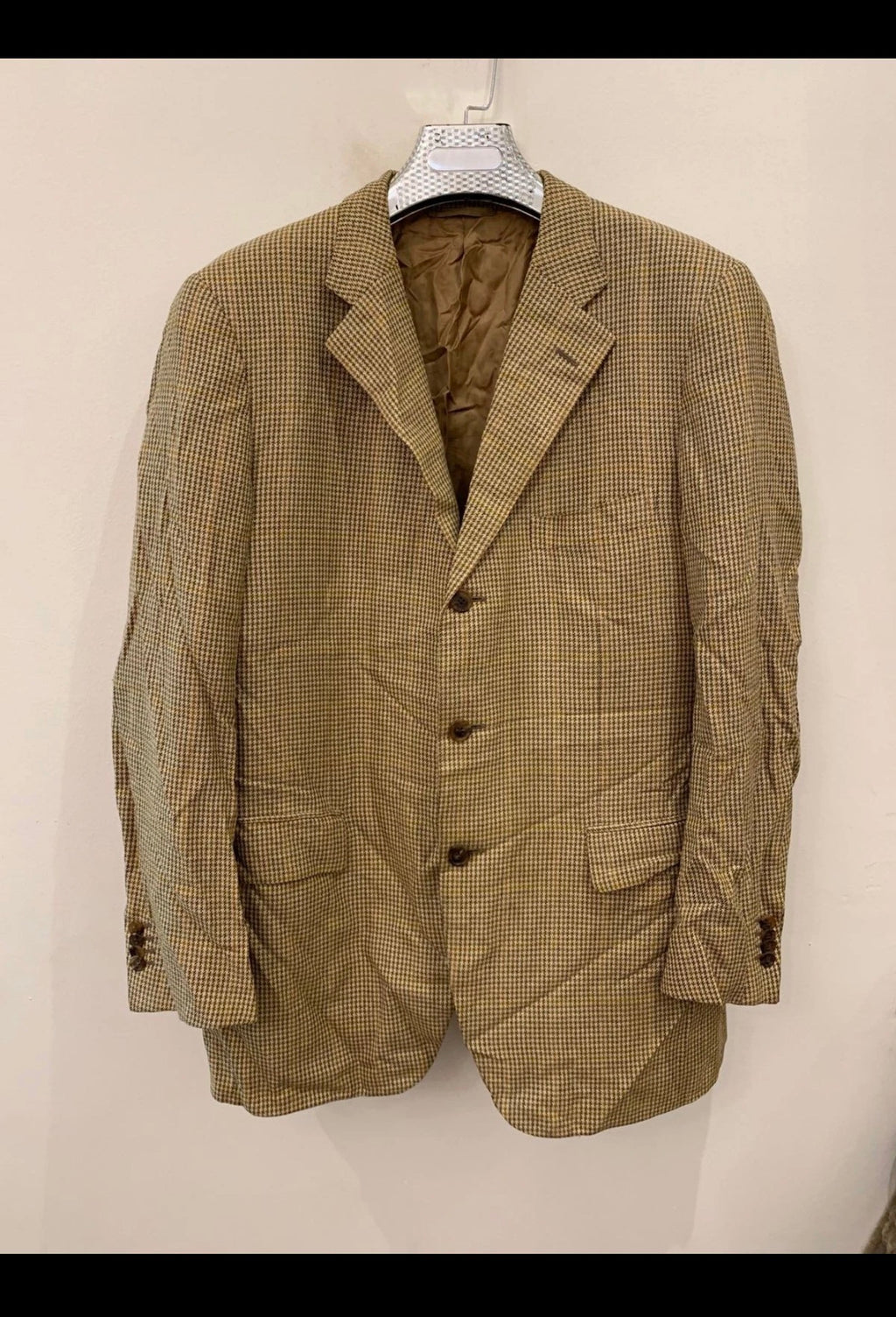 Vintage R. Caruso Wool Silk Flax houndstooth brown jacket blazer 44R 44L