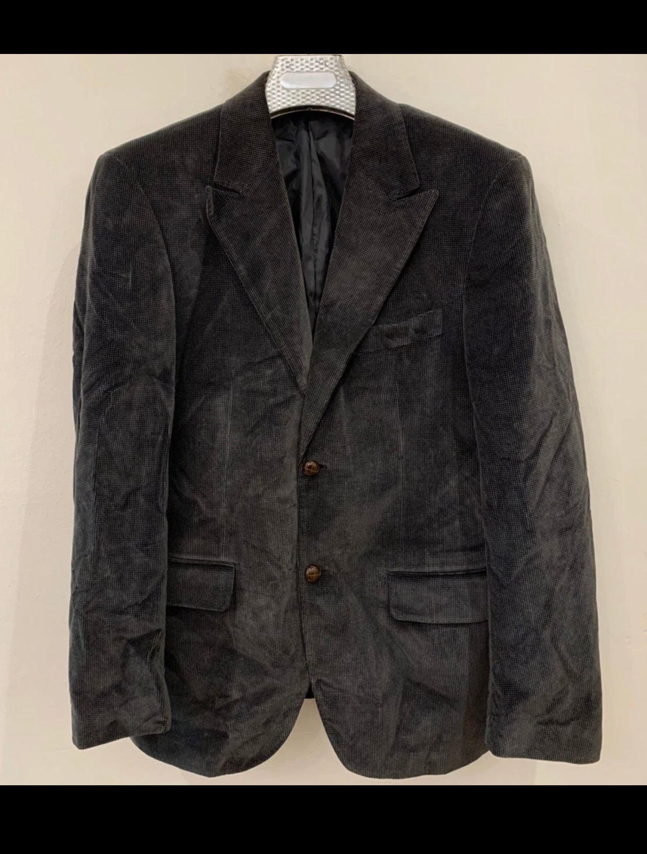 Vintage 100% cotton velvet peak lapel classic charcoal jacket blazer 40R 40L