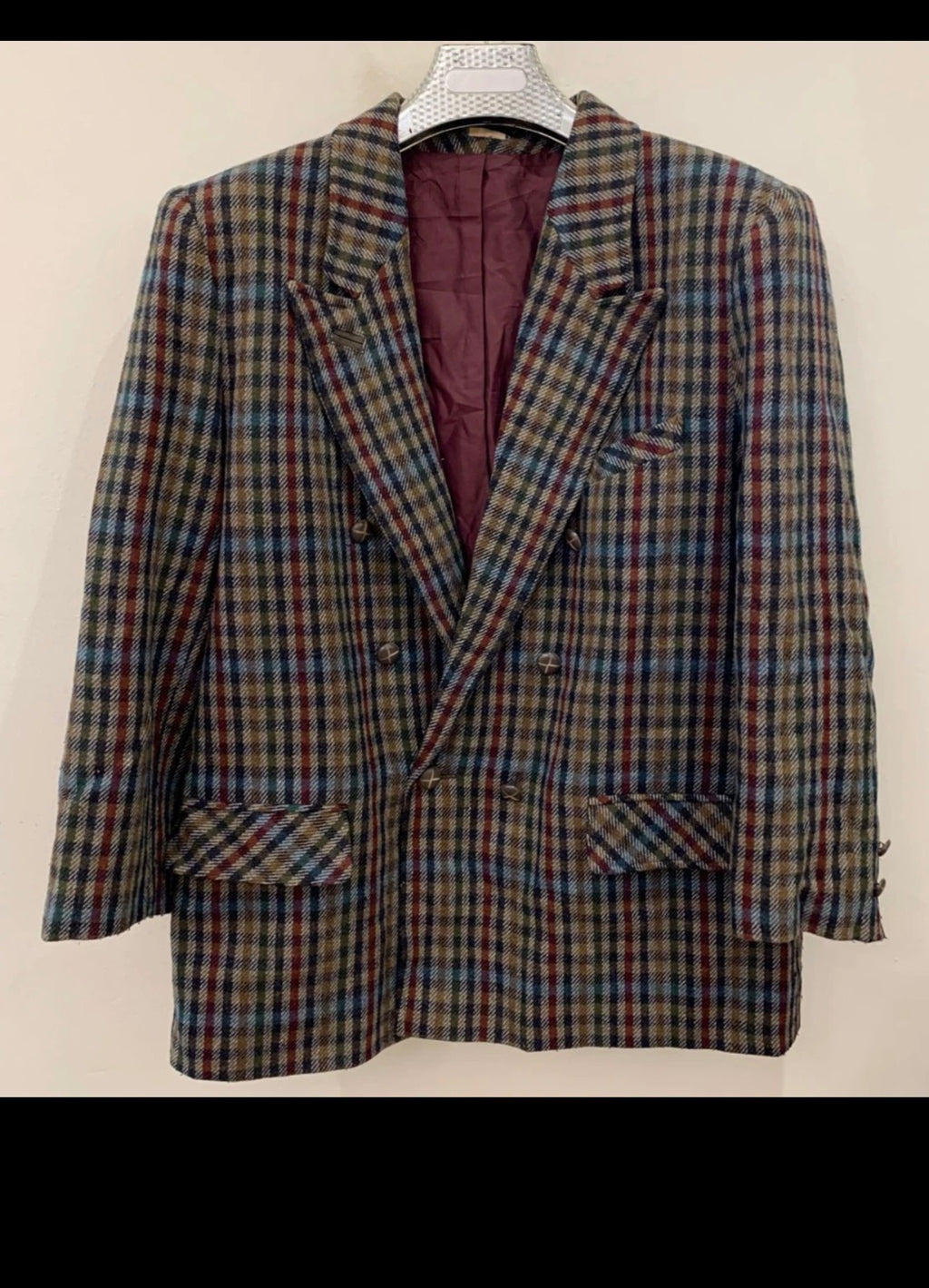 Vintage wool cashmere blend classic plaid double breasted jacket blazer 14 L 44